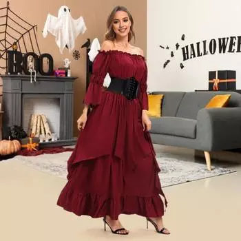 Платье на Хэллоуин, винтажное ренессансное, средневековое, викторианское, пиратское платье, бальное платье для выпускного вечера, с открытыми плечами и рукавами-колокольчиками, с рюшами M красный