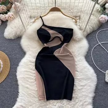 Платье на одно плечо контрастного цвета RUGOD, женское осеннее платье с тонкой сумкой на талии и бедер