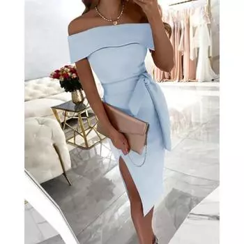 Платье на одно плечо, однотонное, на бретелях, облегающее, праздничный стиль L небесно-голубой