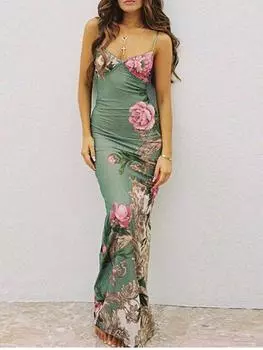 Платье на подтяжках без рукавов с цветочным принтом, женское модное тонкое платье макси с v-образным вырезом, летнее шикарное женское платье для пляжной вечеринки и клуба S зелёный