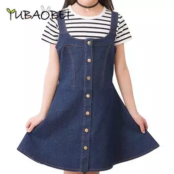 Платье на подтяжках для девочек, летнее детское платье принцессы на бретелях для девочек, джинсовый комбинезон трапециевидной формы с рюшами на подоле, детская одежда, От 4 до 12 лет 150 синий