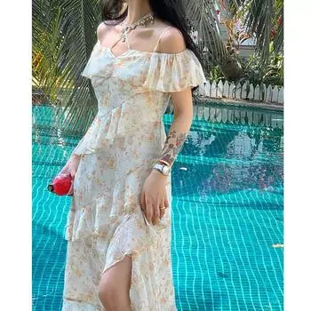 Платье на подтяжках с цветочным принтом, женское сладкое ветровое романтическое шифоновое платье неправильной формы, длинная юбка с короткими рукавами XS жёлтый