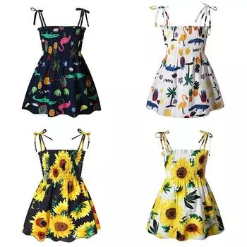 Платье на подтяжках с цветочным принтом для девочек, летнее свободное детское платье на шнуровке с плечевым ремнем 90