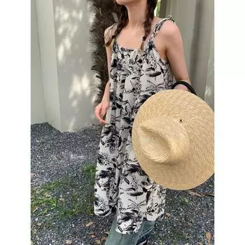 Платье на подтяжках с принтом в стиле ретро для женщин, летнее свободное длинное платье для отпуска S