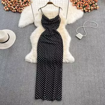 Платье на подтяжках с волнистой точкой, лето 2022, корейское темперамент знаменитостей, тонкое длинное шифоновое платье без рукавов с буквой «А»