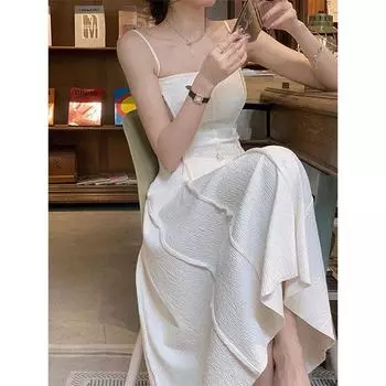 Платье на подтяжках женское летнее плиссированное ретро сексуальное дизайн Sense Niche Cold Advanced Sense французская средняя и длинная юбка S