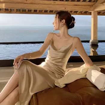 Платье на подтяжках, женское платье средней длины, с талией, тонкий атлас L