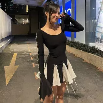 Платье на шнуровке с бантом для женщин, облегающее мини-платье со складками, популярное тонкое милое платье для девочек, Y2k, весна 2024 г. S чёрный