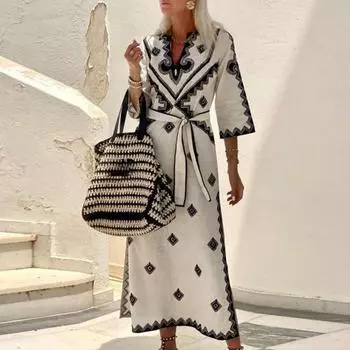 Платье на шнуровке с узкой талией и геометрическим принтом, с V-образным вырезом, рукавом три четверти, в тон, с разрезом подол, в богемном стиле, платье миди для отпуска XL бежевый