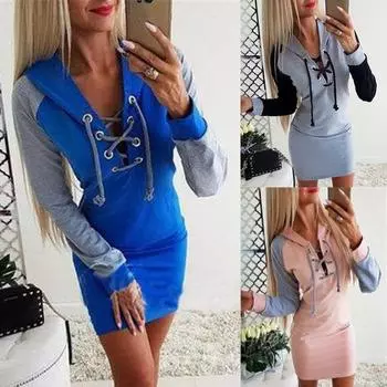 Платье на шнуровке с V-образным вырезом, женское облегающее платье с длинными рукавами, повседневное платье с капюшоном в стиле пэчворк XXXL серый