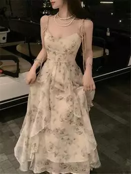 Платье на тонких бретельках с оборками, летние женские модные элегантные винтажные платья миди с принтом, женская вечерняя одежда, Vestdios S бежевый