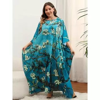 Платье-накидка больших размеров в стиле бохо, женское платье-накидка с цветочным принтом и рукавами «летучая мышь», круглый вырез, слегка эластичное платье-накидка с разрезом One-size разноцветный