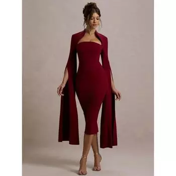 Платье-накидка с длинными рукавами и сексуальной средней длиной для женщин, осень и зима, новое облегающее длинное платье для клубной вечеринки с квадратным вырезом и разрезом сзади S