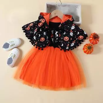 Платье-накидка с капюшоном и принтом на Хэллоуин для малышей, детский комплект 100 оранжевый