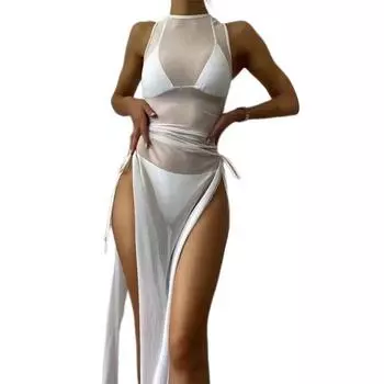 Платье-накидка с круглым вырезом и разрезом по бокам, прозрачная сетка для женщин L белый