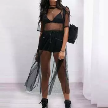 Платье-накидка с круглым вырезом и короткими рукавами, высокая талия, струящийся подол, однотонное прозрачное сетчатое пляжное платье миди, уличная одежда M чёрный