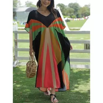 Платье-накидка в стиле бохо больших размеров, женское, с цветными блоками, рукавами «летучая мышь», V-образным вырезом, разрезом по низу, слегка растягивающееся, макси-платье-накидка One-size разноцветный