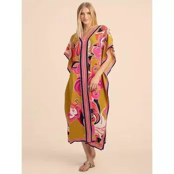 Платье-накидка в стиле бохо больших размеров для женщин, цветочные узоры, рукава «летучая мышь», V-образный вырез, разрез по низу, макси-платье-накидка One-size