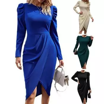 Платье Неровный подол Плиссированные Застежки Сплошной цвет Молния сзади Тонкий длинный рукав Облегающий крой M абрикосовый