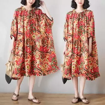 Платье Niche Temperament, летняя ретро-цветочная хлопковая и льняная большая юбка one size