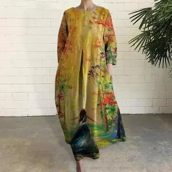 Платье О-образный вырез, длинный рукав, принт, пуловер трапециевидной формы, большой подол, цветочный дизайн, длина до щиколотки, с боковыми карманами, женская повседневная одежда M синий