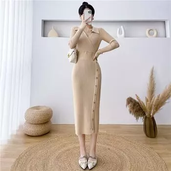 Платье облегающего кроя, женский свитер, пуловер на осень и зиму, с завязкой на талии, средней длины, облегающее трикотажное платье, базовый слой one size белый