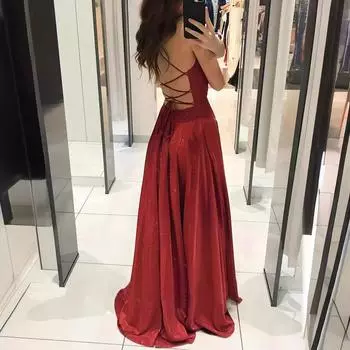 Платье однотонное с V-образным вырезом на подтяжках и шнуровкой. Новое облегающее вечернее платье без рукавов с открытой спиной. 1XL красный