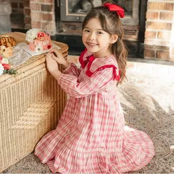 Платье Olivan Flower Gobang Check с большим воротником, розовое Pink/150