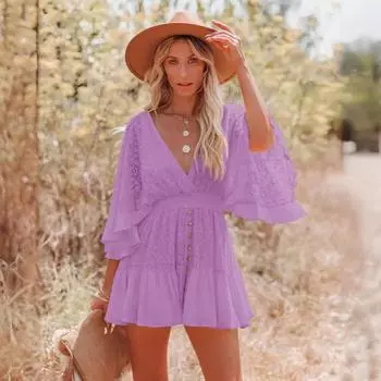 Платье осень 2025 года с кружевной отделкой, однотонное, с V-образным вырезом и рукавами «летучая мышь» S белый