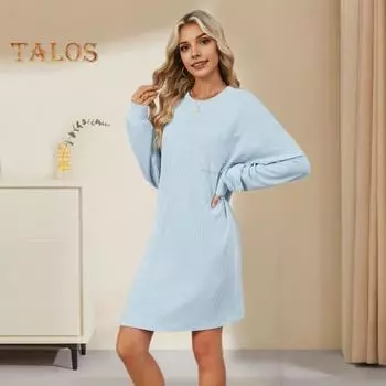 Платье осень-весна, однотонное, свободный нагрудный карман, длинные рукава, круглый вырез, свитер длиной до колена, для свиданий, на работу, миди-платье S бежевый