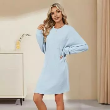 Платье осень-весна, однотонное, свободный нагрудный карман, длинные рукава, круглый вырез, пуловер, длина до колена M розовый