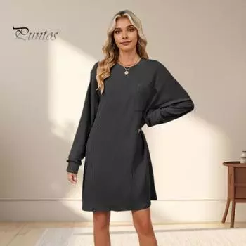 Платье осень-весна, однотонное, свободный нагрудный карман, длинные рукава, круглый вырез, свитер длиной до колена, для свиданий, на работу, миди-платье S розовый