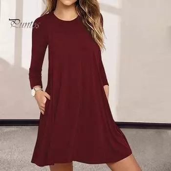 Платье осень-весна с круглым вырезом, А-силуэтом, карманами, свободным большим подолом, длинными рукавами, мини-платье, однотонное, повседневное, для свиданий, шопинга, короткое платье M серый