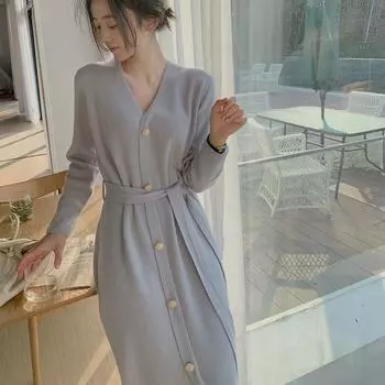 Платье осень женская одежда 2024 весна и осень новый ленивый ветер свитер юбка средний и длинный вязаный свитер свободный живот M 40 kg - 47.5 kg синий