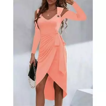 Платье осень-зима с металлической пряжкой и V-образным вырезом на бретелях для женщин S чёрный