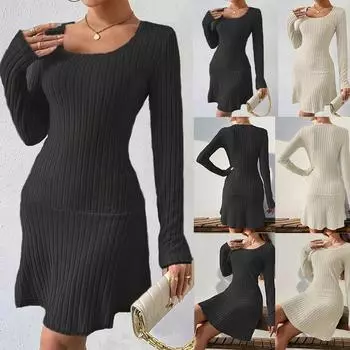 Платье осень-зима, женские модные повседневные платья, однотонное женское платье с длинным рукавом и заниженной талией S абрикосовый