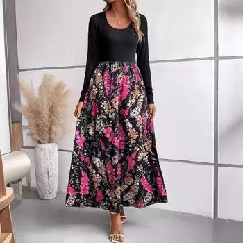 Платье осень-зима, женское модное платье с цветочным принтом и круглым вырезом, с длинными рукавами S