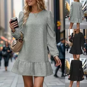 Платье осень-зима женское с круглым вырезом и длинными рукавами жаккардовое модное платье с капюшоном S серый