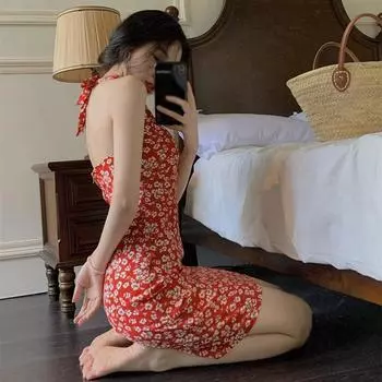 Платье Открытая спина Тонкие бедра Покрытая короткая юбка V-образный вырез Цветочный принт L