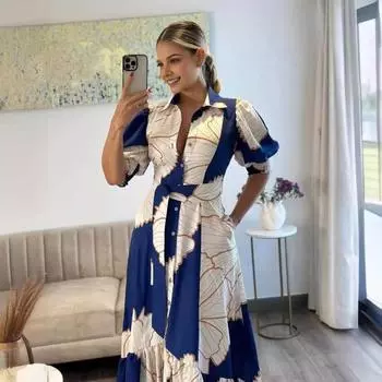 Платье Отложной воротник Неровный низ с рюшами Рукав-фонарик до половины Высокая талия Контрастный цветной принт S разноцветный