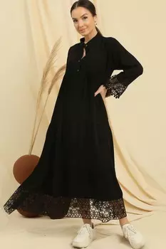 Платье оверсайз из вискозы с полупуговицами спереди, рукавами и кружевным подолом