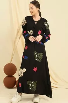 Платье оверсайз из вискозы со шнуровкой и аппликацией в виде птиц