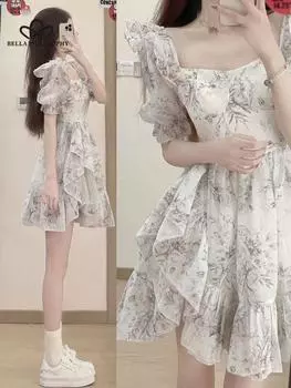 Платье-пачка с пышными рукавами и французским цветочным узором «Чайная пауза», новое летнее женское милое маленькое платье-пачка А-образной формы S