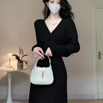 Платье-пальто женское осенне-зимнее длинное темпераментное веер богини с высоким классом чувства дна с трикотажным платьем One Size чёрный