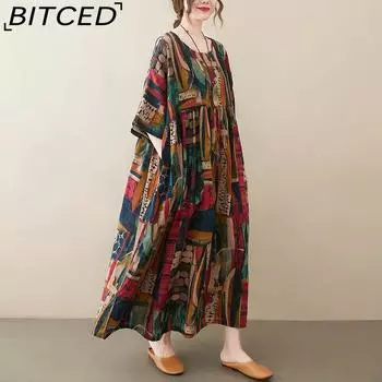 Платье Платье Иностранное Лето Ретро Плюс Размер Женская Круглая Шея С Короткими Рукавами и Печатным Подол Свободная Юбка До Колена One Size разноцветный