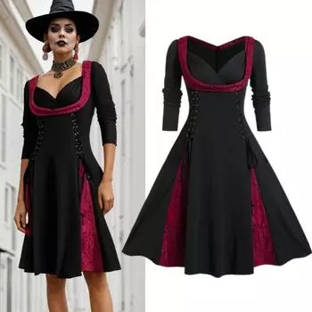 Платье-платье с квадратным воротником и длинными рукавами, на шнуровке, с высокой талией, обтягивающее кружевное платье миди в стиле пэчворк, с широким подолом XXL красный