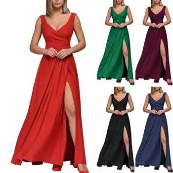 Платье Платье с разрезом подол, нарядное платье со скрытой молнией, сплошной цвет, сексуальное вечернее длинное платье 2XL зелёный