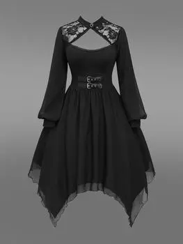 Платье-платок из шифона Rosegal Gothic с цветочным кружевом, вырезом, пряжкой и многослойным узором XL чёрный