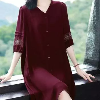 Платье Плюс Размер V-образный Вырез Свободные Половина Рукава Сплошной Цвет Выдалбливают Кружева Однобортный L вино красного