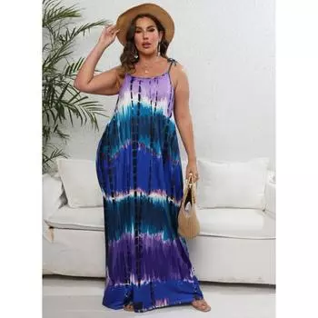 Платье Плюс Женское Tie Dye Printed Бретелька Свободный Бретель Длина Пол Повседневные Платья L красный